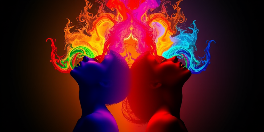 Create an abstract image featuring two silhouettes in contrasting colors, with swirling colorful shapes emanating from their mouths, shot with a Canon EOS R5, 50mm lens, f/1.8 aperture, 1/100s shutter speed, and in soft lighting to enhance vibrancy and depth.