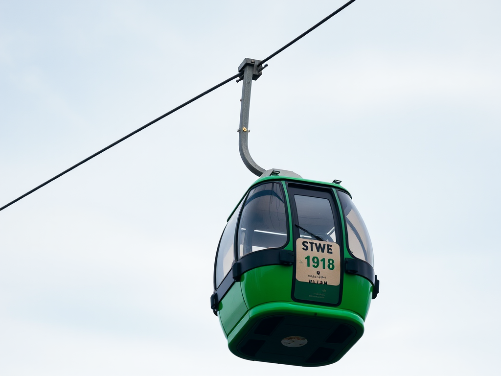 A high-resolution image of a green gondola on a cable car system against a clear sky, captured with a DSLR camera at f/8 aperture, 1/500 sec shutter speed, ISO 200, 50mm lens, with natural lighting and a slight upward angle for perspective.
