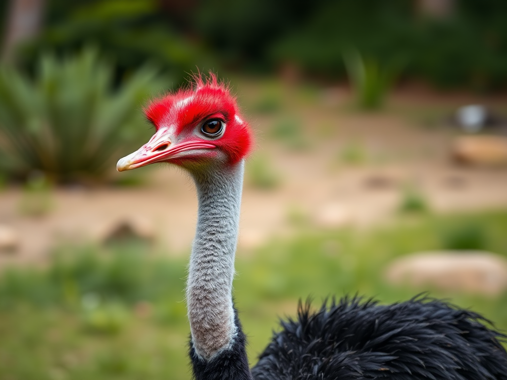 Illustration of an ostrich standing in a natural setting, focus on vibrant colors and detailed feathers, shot with a Canon EOS 5D Mark IV, 50mm lens, f/2.8 aperture, ISO 100, daylight, high dynamic range.