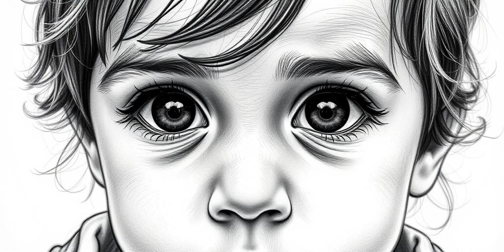 A hyperdetailed photorealistic black and white sketch of a beautiful toddler with deep black eyes, with a macro focus