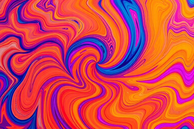 Generate a vibrant abstract pattern with swirling colors, using a high-resolution digital camera, aperture set to f/1.8, ISO 100, shot from a top-down perspective with a macro lens for enhanced detail and clarity.