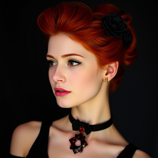 A young woman with bright red hair styled in a voluminous updo adorned with black floral accents, wearing a black choker with a large red gemstone pendant, looks off to the side with a slightly pensive expression, her face softly lit against a dark background.  The image is composed as a portrait, shot from a close-up perspective, with the subject filling most of the frame.  The woman's skin appears fair and flawless, with a subtle glow.  The overall atmosphere is elegant and slightly dramatic.