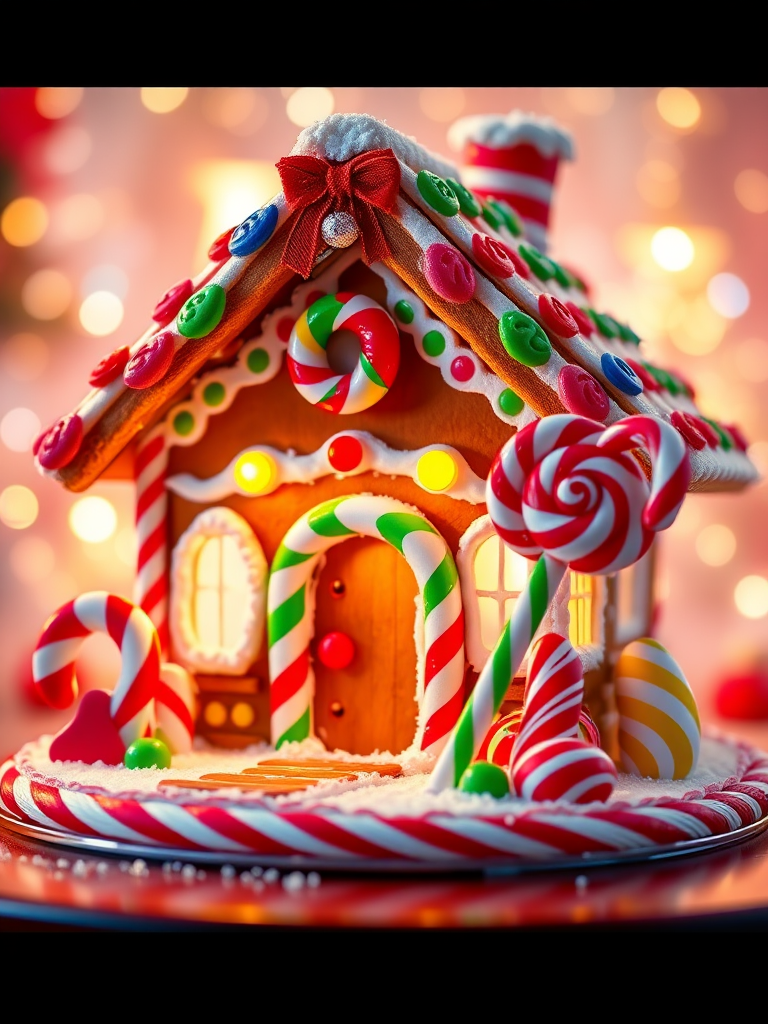 Create a vibrant 3D illustration of a whimsical gingerbread house decorated with colorful candy canes and a large lollipop, set against a bright, festive background with twinkling lights, shot with a DSLR camera at f/2.8 aperture, 35mm focal length, 1/60 sec shutter speed, and high dynamic range to enhance details and colors.