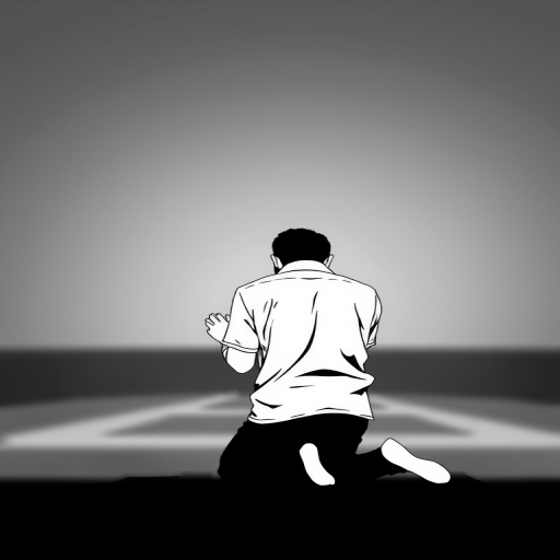 create a high-contrast monochrome illustration of a person kneeling in prayer, use a Canon EOS R5 with a 50mm f/1.2 lens, aperture set to f/2.8, ISO 100, and a shallow depth of field to enhance the focus on the subject against a blurred gradient background.