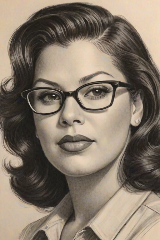 Fascinating Sara Ramirez, pencil sketch, portrait of Elegant woman 1939s in glasses, hair style beatnik, outline, clear lines, fine lines, 8k