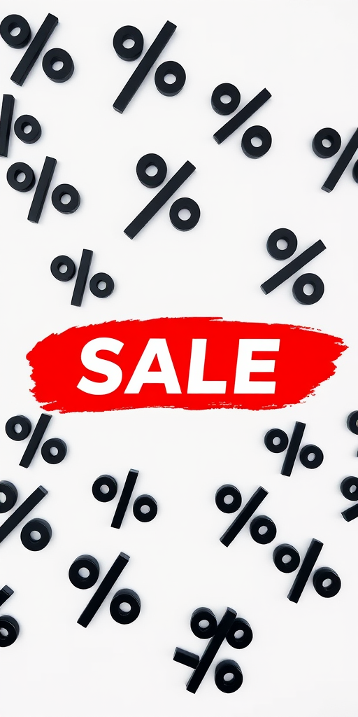 Create a vibrant sale promotional image featuring large black percentage symbols scattered on a white background with a bold red brush-stroke rectangle in the center that reads SALE in white text, captured with a Canon EOS R5, 50mm lens, f/8 aperture, ISO 100, natural lighting, top-down view.
