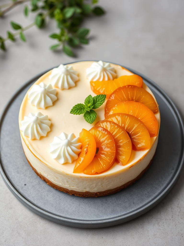 Create an image of a beautifully decorated cheesecake topped with caramelized pineapple slices and orange segments arranged in a circular pattern with whipped cream swirls and a sprig of fresh mint on top. The cake is on a gray plate with a textured surface, and there are hints of greenery in the background.