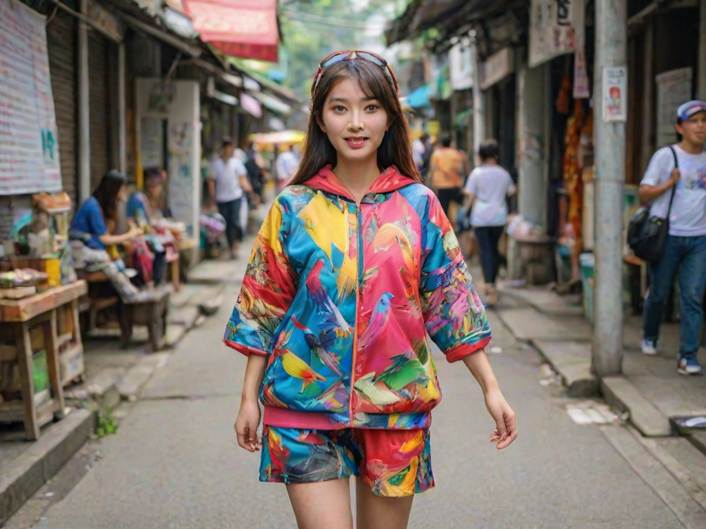 A beautiful Taiwanese girl, wearing colorful bird clothing with vibrant colors