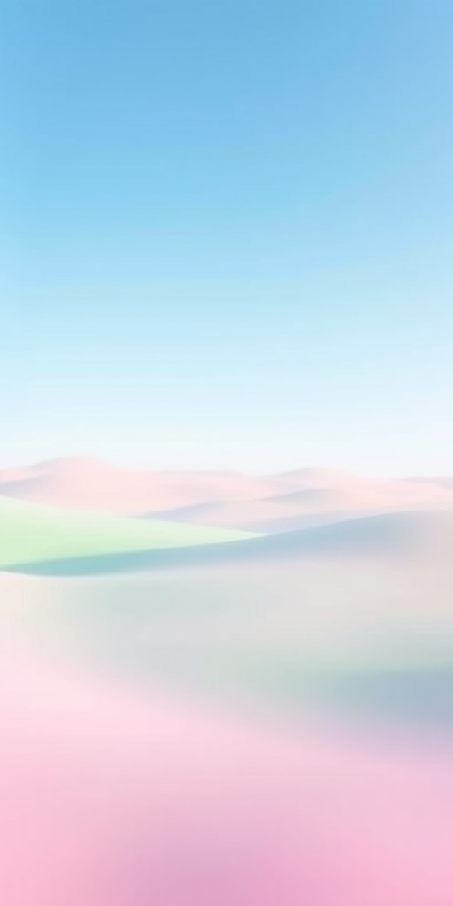 Create a serene watercolor landscape featuring soft pastel colors blending from blue to light green to pale pink, captured with a DSLR camera at f/11, ISO 100, 50mm lens, in soft natural light from a slightly elevated angle.