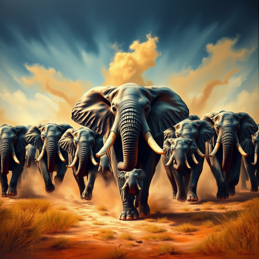 vivid colourful hyper-realistic Oil Painting. a charging group of many large angry elephants. A huge dominating bull elephant leads with huge white tusks ears. Includes a  baby elephant.  Lots of swirling dust whirling around them rising high and being kicked by their feet. Dark dramatic blue-grey fills the sky with warm breaking through. Colourful oil painting style. dry grass on the ground on each side. dark soft graduated band across top of picture. Warm colour. Art Look added in Topaz.