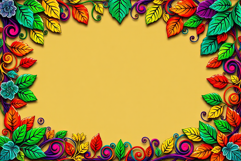 Create a vibrant, intricately designed border of colorful swirls and leaves with a central blank space for text, captured using a Canon EOS R5, 35mm lens, f/2.8 aperture, ISO 100, in natural lighting for enhanced color saturation and detail.