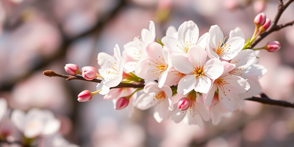 capture a close-up of cherry blossom branches in full bloom with a soft focus background, using a Canon EOS R5 at f/2.8, ISO 100, 50mm lens, natural lighting for vibrant colors and enhanced detail