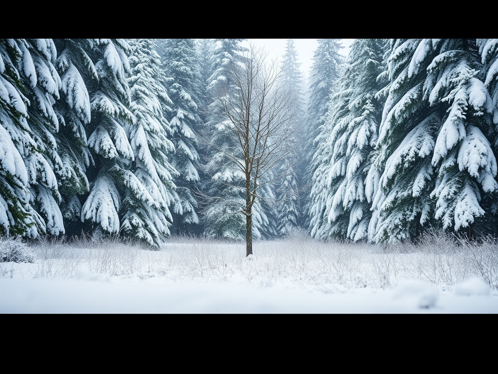 A snowy forest scene with tall evergreens heavily laden with snow, a solitary bare tree in the center, soft focus background, camera settings: ISO 400, f/5.6, shutter speed 1/200s, camera view: eye level, camera style: landscape, camera type: DSLR