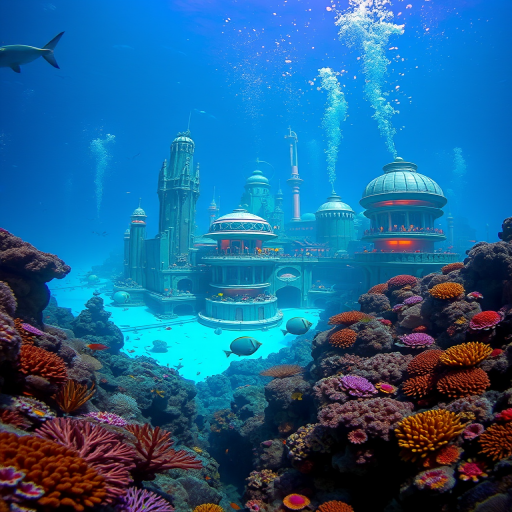 Underwater cityscape with futuristic architecture and colorful coral reefs, soft diffused lighting, floating bubbles, vibrant marine life, viewed from a wide-angle perspective, shot on a DSLR camera with a 24mm lens, aperture f/2.8, ISO 100, 1/60s shutter speed for enhanced clarity and depth.