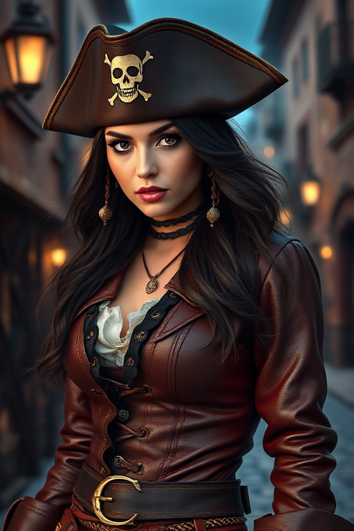 Create a portrait of a fierce female pirate. She wears a leather tricorn hat adorned with a skull and crossbones emblem, and her long, dark hair flows around her face. Her outfit consists of a richly detailed leather jacket, a corset, and multiple layers of belts and accessories, giving her a formidable and stylish appearance. She stands confidently in a dimly lit, historic port town, with a backdrop of weathered buildings and cobblestone streets, capturing the adventurous spirit of a pirate.