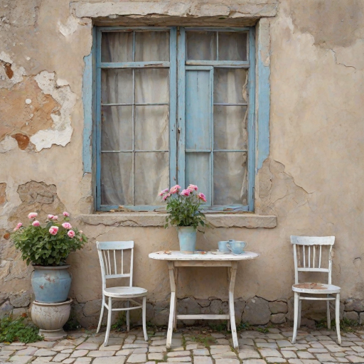Create an amazing realistic watercolor image, The background is a crumbling wall beige and pale blue with the old wooden window. front of the wall has an old white table with two chairs. The soil is stones. Both of side of the image amazing flowers visible.