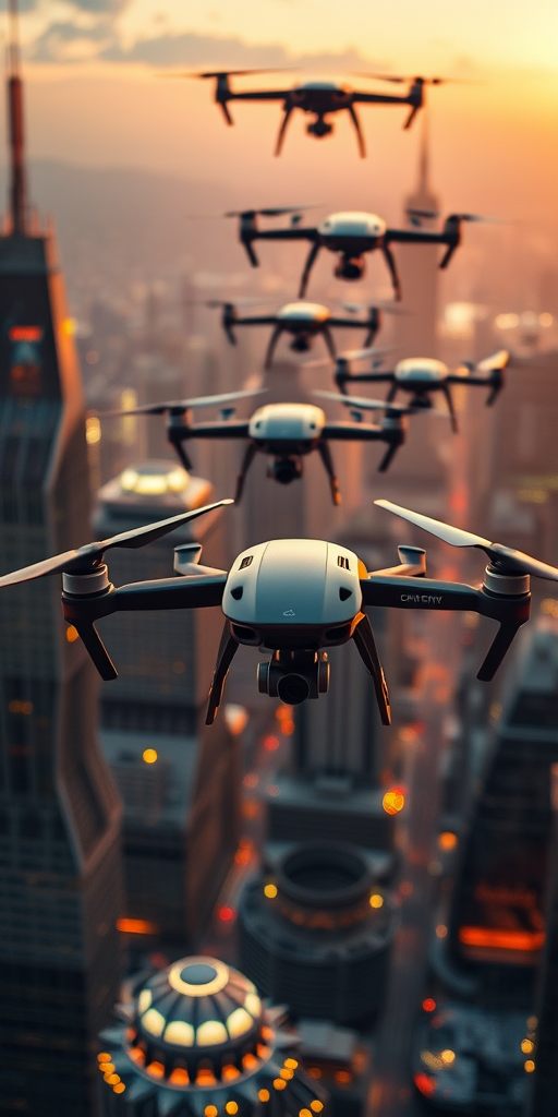 A fleet of advanced drones flying over a futuristic cityscape at sunset, showcasing sleek designs and illuminated features, captured with a DSLR camera, 50mm lens, aperture f/2.8, shutter speed 1/200s, ISO 100, in high dynamic range to enhance detail and color vibrancy.