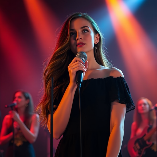 A young woman with long, flowing brown hair is standing in the center of the frame, holding a microphone in her right hand, and looking slightly off to the right side of the frame. She is wearing a black, off-the-shoulder dress with delicate lace detailing. The lighting is warm and dramatic, creating a spotlight effect on the singer. There are other figures in the background, blurred and out of focus, suggesting a concert or performance setting. The camera angle is low, capturing the woman from the waist up. The overall atmosphere is intimate and captivating.