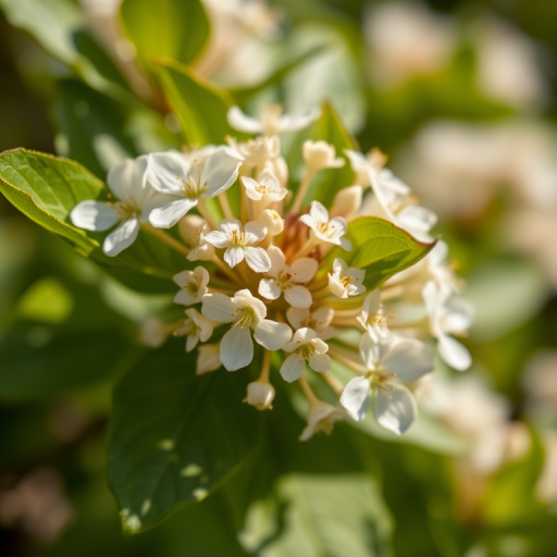 close-up of a flowering plant with white blossoms and green leaves, soft natural lighting, macro lens, aperture f/2.8, shutter speed 1/200s, ISO 100, shallow depth of field, DSLR camera