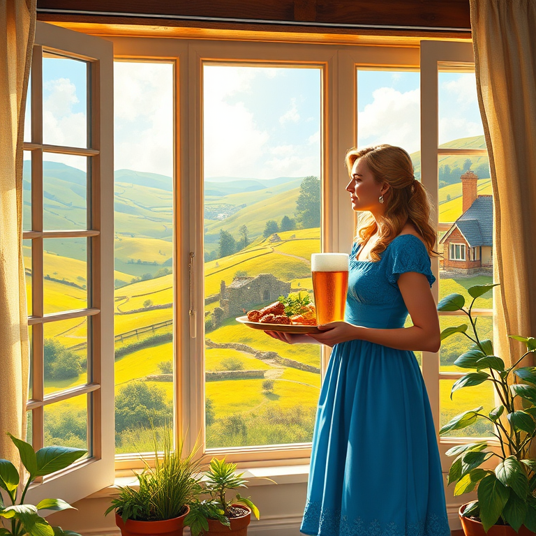 In "A Glass of Beer on the Highland," a serene scene is depicted in a sunlit room where a woman in a vibrant blue dress stands by a large window. She holds a tray with a hearty meal and a frothy glass of beer, embodying a moment of relaxation. Outside, the breathtaking highland landscape features rolling green hills and a charming traditional house, all bathed in warm afternoon light. The interior is adorned with potted plants, creating a harmonious blend of comfort and nature. The painting beautifully captures the tranquility and joy found in simple pleasures amidst stunning scenery