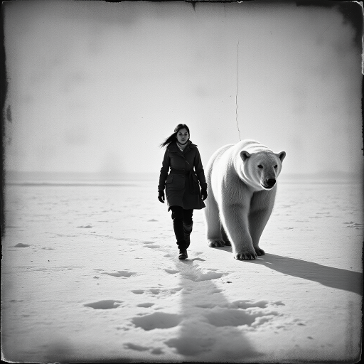A very old photograph in black and white. The photo is badly damaged, faded, with scratches, tears, smudges and dirt. The photo is ultra-realistic and very detailed. It's a picture of an Arctic warrior. She is walking serenely towards the camera. At her side walks a majestic polar bear. Its fur shines in the sunlight. Snow, ice, sea. wind. snow in the air.