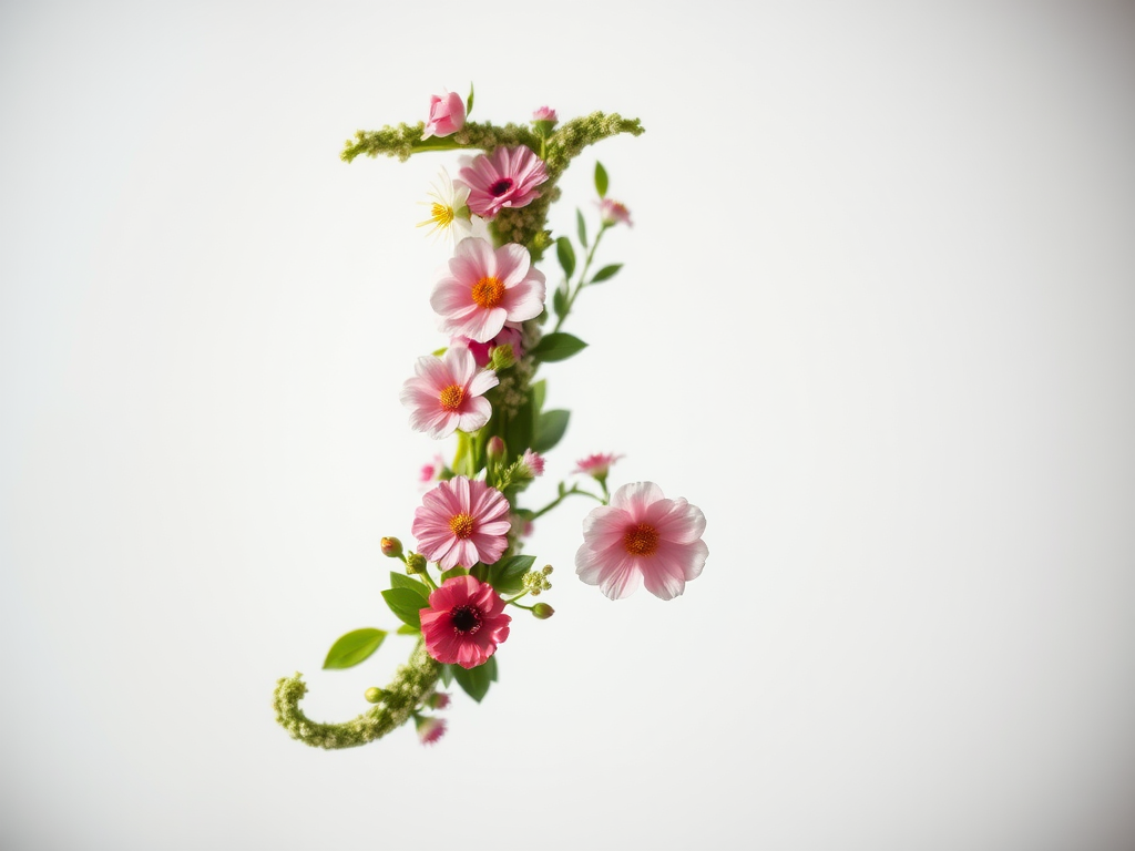 Regenerate an artistic representation of the letter J with floral elements, using a high-resolution DSLR camera set to f/2.8 aperture, ISO 100, and a shutter speed of 1/125s, captured from a close-up view with a soft focus background to enhance the details and vibrancy of the design.