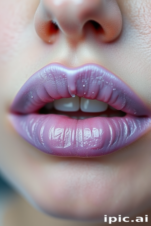Frosted lilac lips with cool undertones, subtle metallic sheen, delicate and refined application, whimsical Lavender Frost Kiss aesthetic