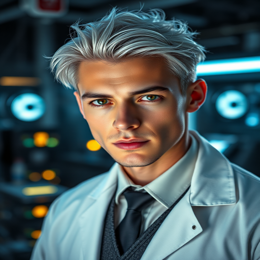 Create a highly detailed portrait of a young male scientist with silver hair and piercing eyes, wearing a white lab coat over a dark vest and tie, in a futuristic laboratory setting with glowing equipment, shot in 85mm lens at f/1.4, ISO 100, with soft high-key lighting and a slight bokeh effect in the background to emphasize the subject.