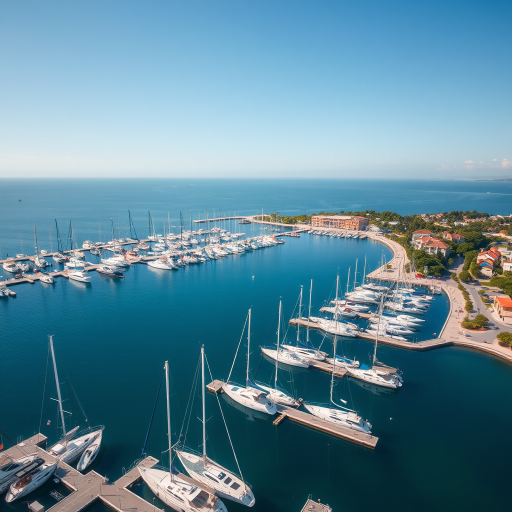 aerial view of a marina with numerous sailboats on calm blue water during daytime, using a DSLR camera with a 24mm lens, f/8 aperture, ISO 100, 1/500s shutter speed, high resolution, natural lighting