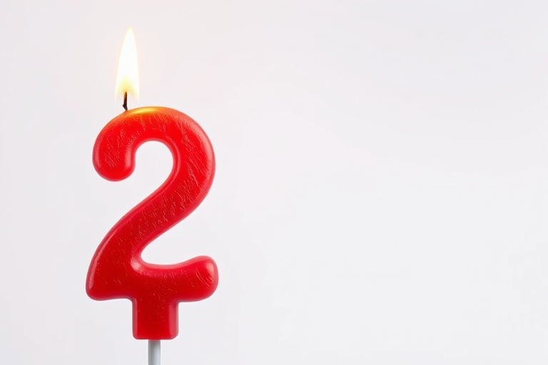 Create a vibrant digital illustration of a red number two candle with a flame, against a transparent background, using a Canon EOS R5 with a 50mm lens, f/1.8 aperture, 1/200 sec shutter speed, ISO 100, and a soft focus effect for an appealing look.