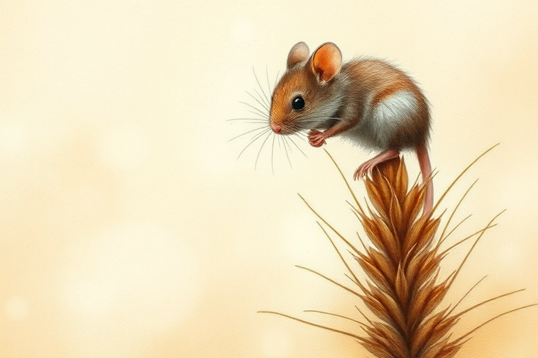 Soft, muted Alcohol Ink with ebru effect background image of tiny whimsical mousey, who climbed high on the top of a golden rye ear.
