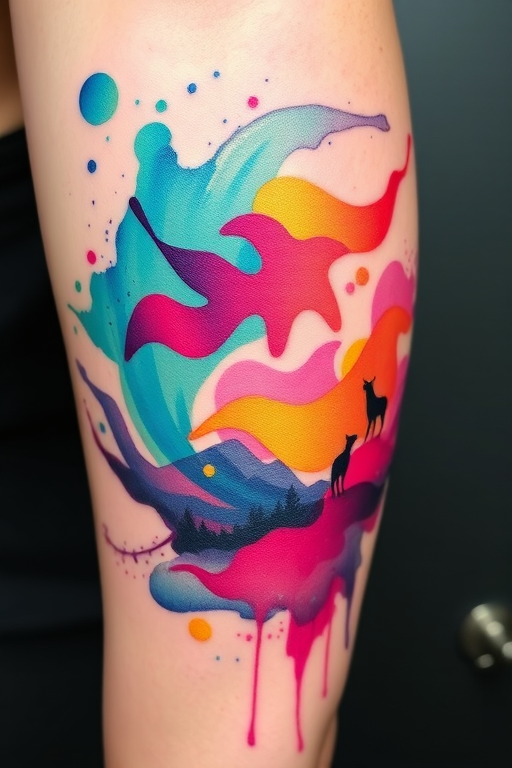 Vibrant watercolor splash tattoo named "Chromatic Symphony" featuring swirling hues of teal, magenta, and gold, blending seamlessly into an abstract landscape with hidden animal silhouettes
