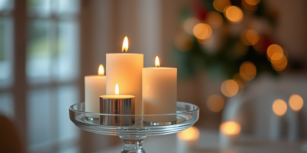Regenerate the image with a focus on the glowing candles on a glass stand, using a DSLR camera with a 50mm lens, f/1.8 aperture, ISO 100, 1/60 sec shutter speed, shallow depth of field, and soft focus background to enhance the details and lighting of the scene.