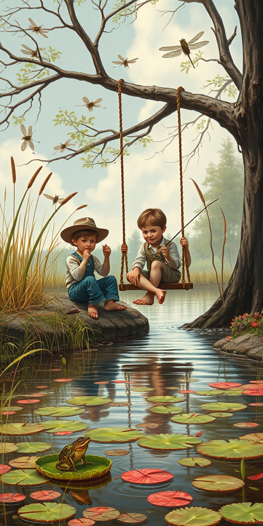 Imagine a small group of old fashioned young boys out fishing by the creek, a swing hanging from a tree branch, reeds and grasses by the water's edge, a frog sitting on a lily pad, dragonflies hovering over som water plans, a very iconic old fashioned scene reminiscent of a Norman Rockwell painting style