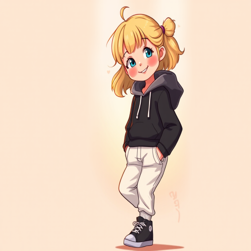 Create a vibrant digital illustration of a cheerful young girl with blonde hair wearing a stylish black and white hoodie, light beige joggers, and sneakers, standing confidently with a playful smile, soft focus background with warm tones, shot with a Canon EOS R5, 50mm lens, aperture f/1.8, shutter speed 1/200s, ISO 100.