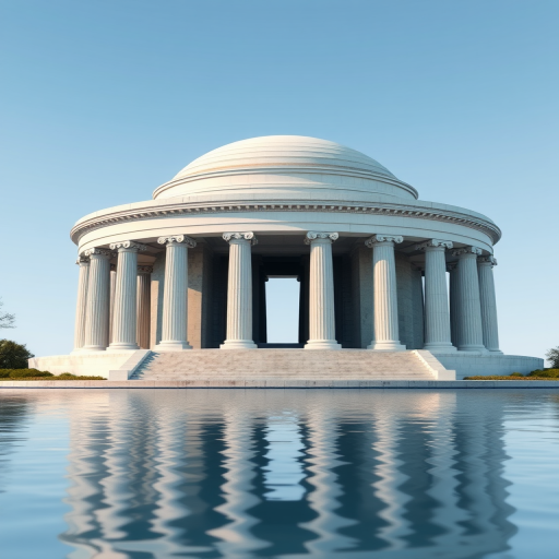 Render a 3D image of a neoclassical monument similar to the Jefferson Memorial with a circular dome, surrounded by a reflective water surface, taken with a DSLR camera at f/8, ISO 100, 24mm focal length, shot from a low angle perspective to emphasize symmetry and depth.