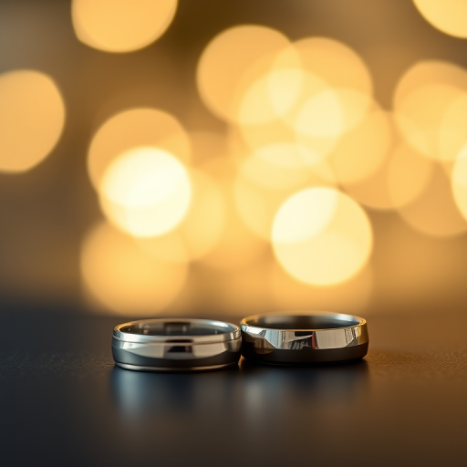 Create an image of two elegant wedding rings on a dark surface with soft bokeh lights in the background, using a Canon EOS R5 camera, 50mm lens, aperture f/1.8, shutter speed 1/125s, and ISO 100 for enhanced image quality.
