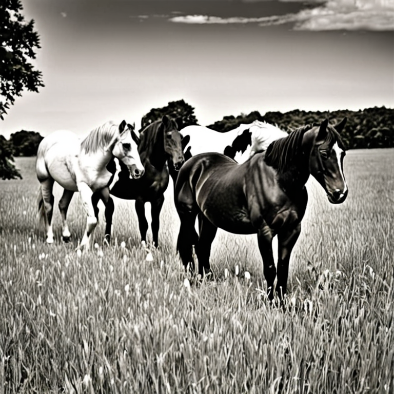 horses in field, black and white