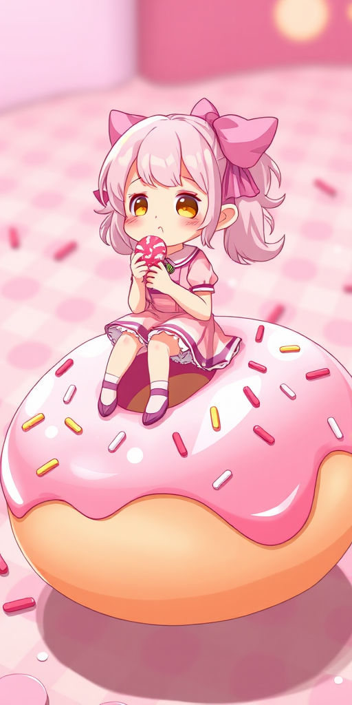 Create a high-resolution digital illustration of a whimsical character sitting on a giant donut covered in pink icing and sprinkles, with an expression of delight as she enjoys candy, use a high-quality digital camera effect at a 50mm lens, f/2.8 aperture, and soft focus background to enhance depth of field.