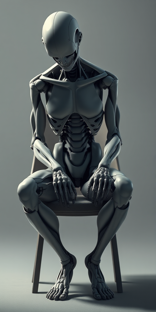 Create a highly detailed digital illustration of a humanoid figure sitting on a chair with a defeated posture, emphasizing the contours and joints of the body, using a high-resolution camera at 50mm focal length, aperture set to f/2.8, ISO 100, and a subtle soft focus background to enhance the clarity of the figure while maintaining a natural lighting effect.