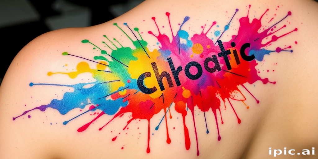 Watercolor splash tattoo titled "Chromatic Explosion" featuring vibrant paint splatters and drips in a rainbow of colors, creating an abstract and energetic design