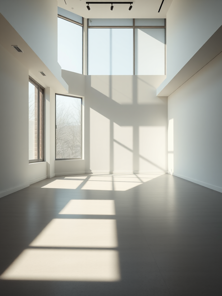 interior of a modern empty room with large windows allowing natural light, minimalist design, high contrast shadows, wide-angle lens, f/8 aperture, ISO 100, 1/125s exposure, daylight setting, HDR style, taken with a full-frame DSLR camera