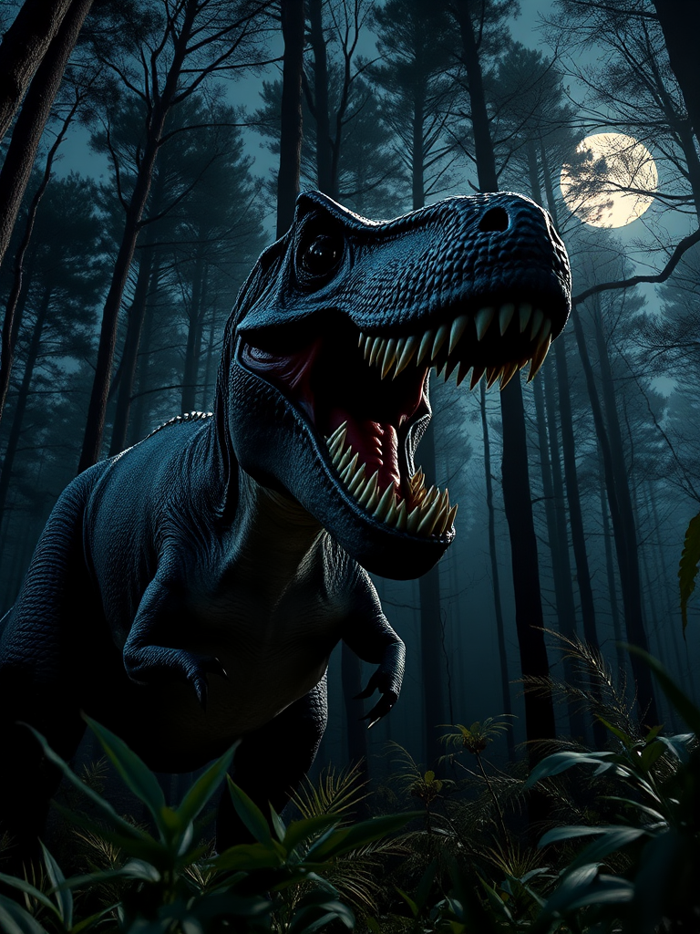Create a high-resolution image of a roaring dinosaur in a dense, dark forest with soft moonlight filtering through the trees, using a DSLR camera with an aperture of f/2.8, ISO 400, and a focal length of 50mm, shot from a low angle to emphasize the dinosaur's size and power, in vivid detail with high dynamic range.