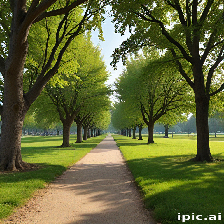 A Serene Pathway Framed by Lush Green Trees in a Tranquil Park