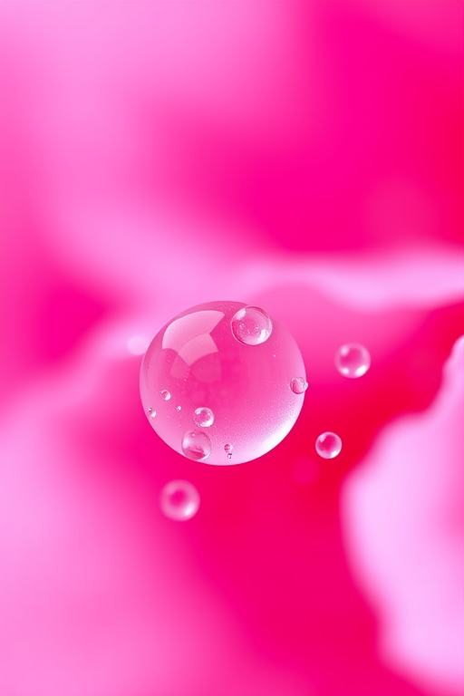 close-up shot of water droplets on a pink background with bokeh effect, f/2.8 aperture, ISO 100, 1/250 sec shutter speed, macro lens, natural soft light, DSLR camera