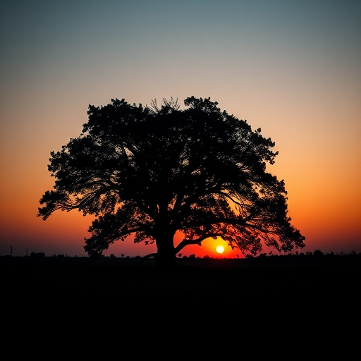 Generate a high-resolution image of a silhouette of a tree on a gradient sunset background with a Canon EOS R5 camera, 50mm lens, f/1.8 aperture, ISO 100, using a wide angle view and soft focus style.