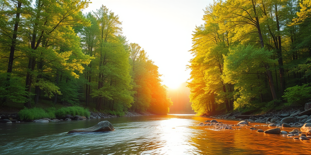 Create an image of a serene, sunlit forest scene with a clear, gently flowing river. Tall trees with lush green foliage line both sides of the river, their leaves bathed in the warm golden light of the setting or rising sun. The sunlight filters through the trees, casting soft, dappled light on the river, which flows over smooth rocks and pebbles, creating a peaceful, natural atmosphere. The sky is bright with a few scattered clouds, and the overall mood is tranquil, evoking a deep sense of connection with nature. The image captures the beauty of a calm, pristine forest landscape at either dawn or dusk.