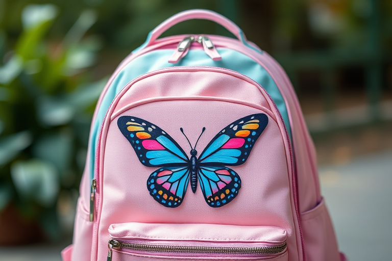 Create a high-resolution image of a pastel-colored backpack with a butterfly design on the front, using an aperture of f/2.8, ISO 100, shutter speed of 1/250 sec, shot from a slightly elevated angle, using a DSLR camera with a macro lens to enhance the details and colors.