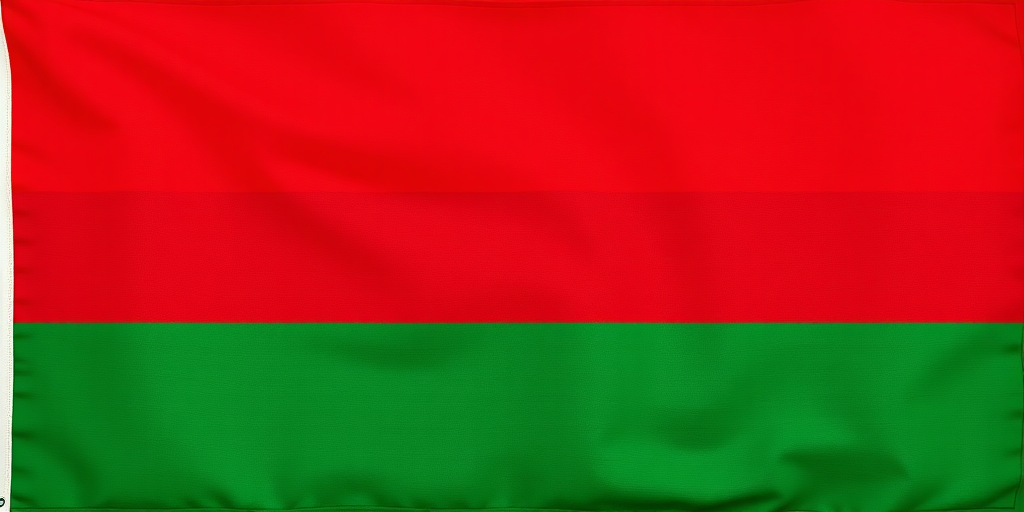 Create an image of a flag with horizontal stripes in the order of red, black, and green, using a DSLR camera with a 50mm lens, aperture set to f/8, ISO 100, shutter speed 1/200s, taken from a straight-on view, with vibrant colors and high contrast.