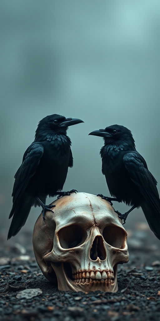 regenerate an image of two black ravens perched on a skull with a misty background, camera settings: ISO 100, aperture f/4, shutter speed 1/125s, camera view: close-up, camera style: moody and atmospheric, camera type: DSLR.
